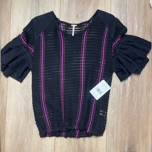 Black and Purple Knit Top with flouncy sleeve and drawstring at waist.